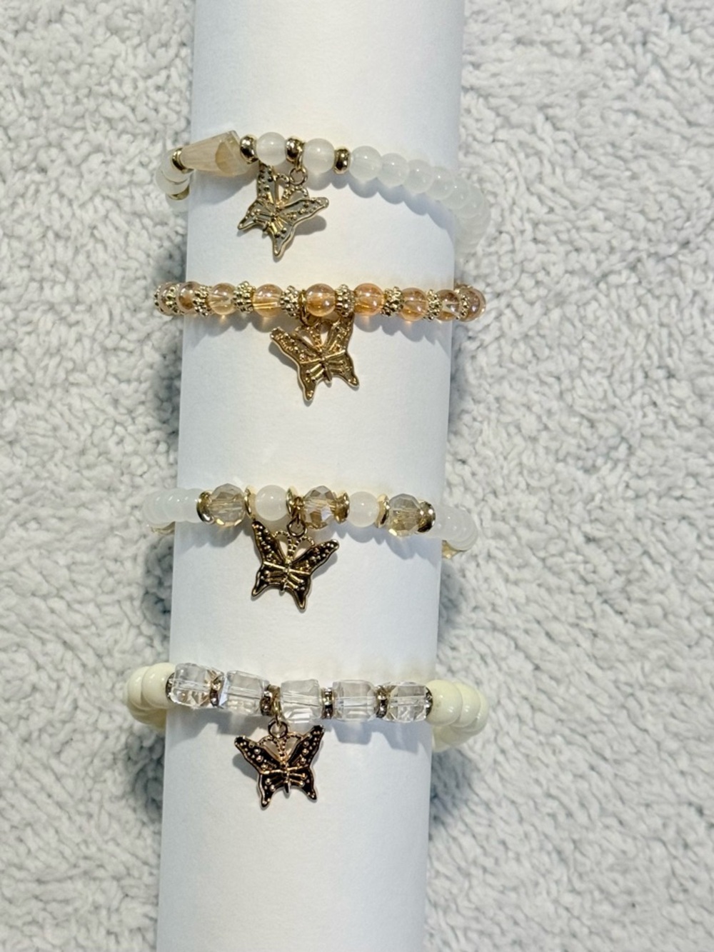 Boho Gold Butterfly Charm Beaded Bracelet Set Stack Cream Amber 4PC Stretch New